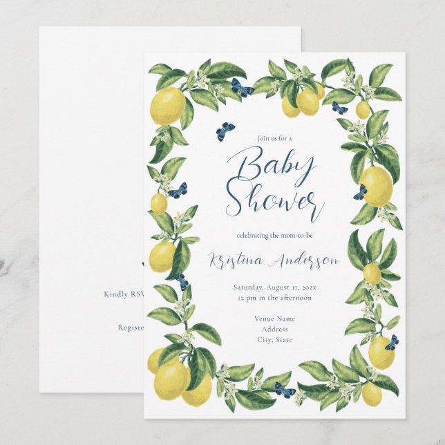 Blue & Lemon Citrus Butterfly Baby Shower Inbjudningar (Fram/baksida)
