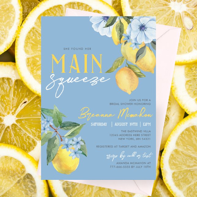 Blue Lemon hittade sin Main Squeeze Bröllopsdusch Inbjudningar (Lemon Bridal Shower Invitations are available printed with envelopes or for high resolution download)