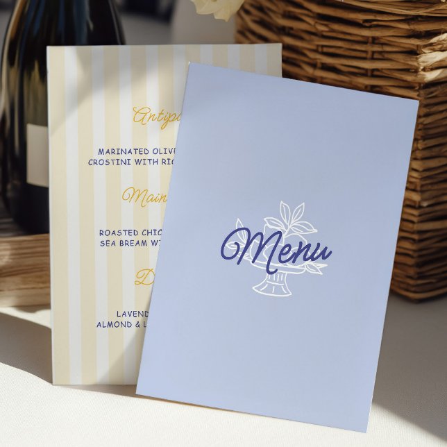 Blue & Lemon Striped Mediterranean Wedding Menu  Meny (Blue & Lemon Striped Mediterranean Wedding Menu Ca)