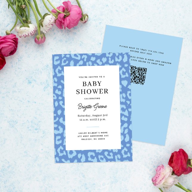 Blue Leopard Animal Print Baby Shower Inbjudningar (blue on blue leopard print modern baby shower invitation)