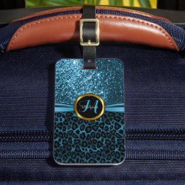 Blue Leopard Animal Skin och Glitter - Monogram Bagagebricka