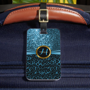 Blue Leopard Animal Skin och Glitter - Monogram Bagagebricka
