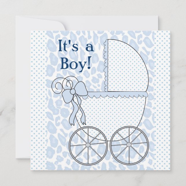 Blue Leopard Baby Carriage Pojke Shower Inbjudningar (Framsida)