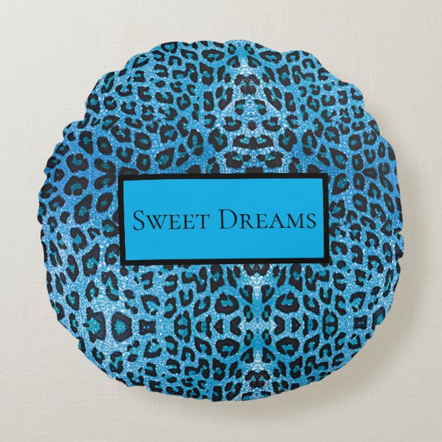 Blue Leopard Faux Gnistra Sweet Dreams Modern Chic Rund Kudde (Framsidan)
