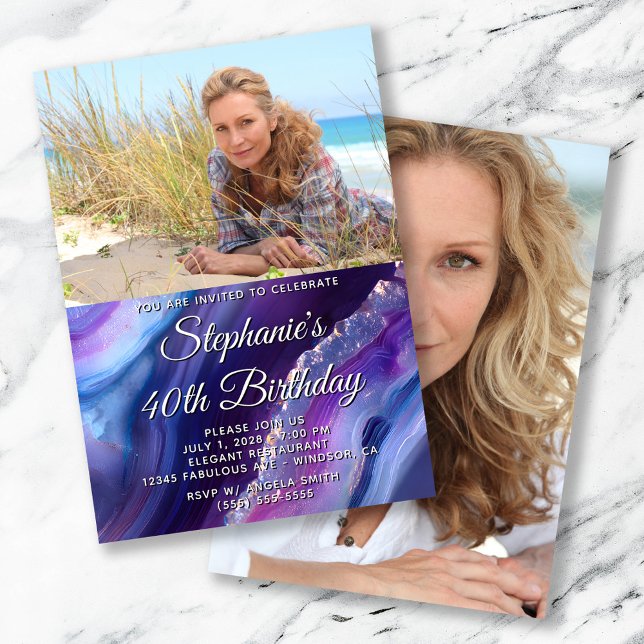 Blue Lila Agate Elegant Photo 40 Birthday Inbjudningar (Blue Purple Agate Elegant Photo 40th Birthday Invitation)