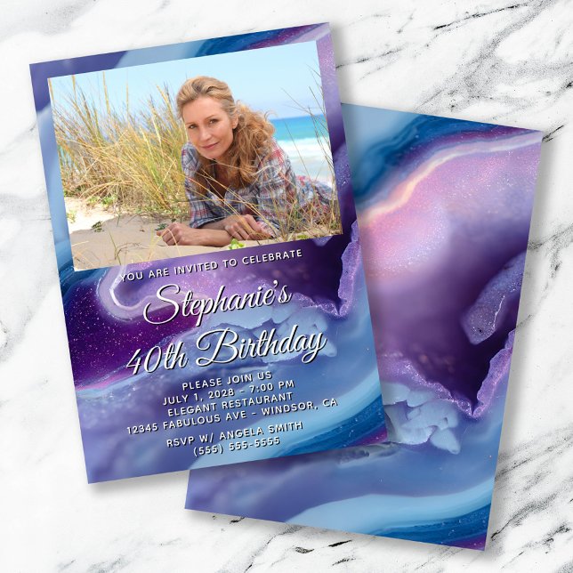 Blue Lila Agate Geode Photo Gräns 40:e födelsedage Inbjudningar (Blue Purple Agate Geode Photo Border 40th Birthday Invitation)