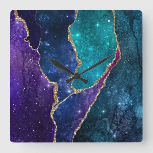 Blue Lila Aqua Guld Veins Agate Fyrkantig Klocka