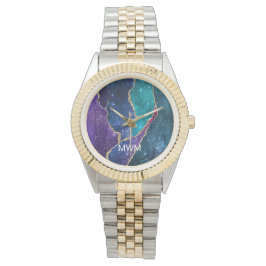 Blue Lila Aqua Guld Veins Agate Monogram Armbandsur