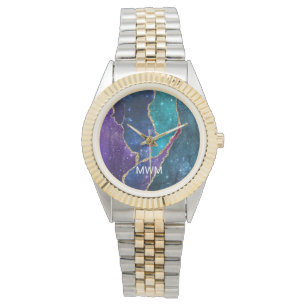 Blue Lila Aqua Guld Veins Agate Monogram Armbandsur