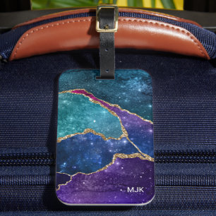 Blue Lila Aqua Guld Veins Agate Monogram Bagagebricka