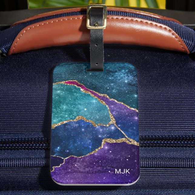 Blue Lila Aqua Guld Veins Agate Monogram Bagagebricka (Framsida Insitu 2)