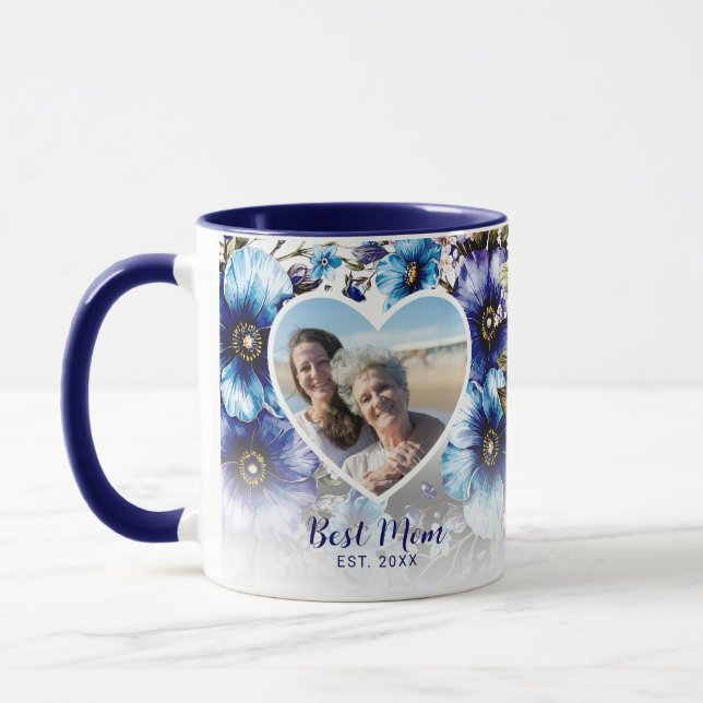 Blue Lila Blommigt Heart Photo Mor's Day Gift Mugg (Vänster)