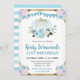 Blue & Lila Blommigt Pumpkins Fall 21:a födelsedag Inbjudningar