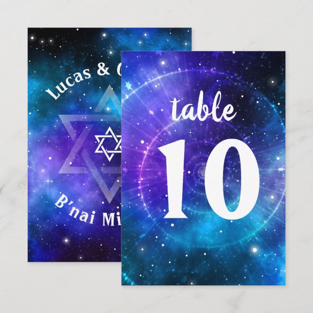 Blue Lila B'nai Mitzvah Galaxy Bordsnummer Card (Fram/baksida)