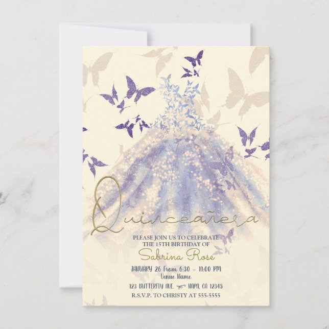 Blue Lila Butterfly Dance Dress Quinceañera Inbjudningar (Framsida)
