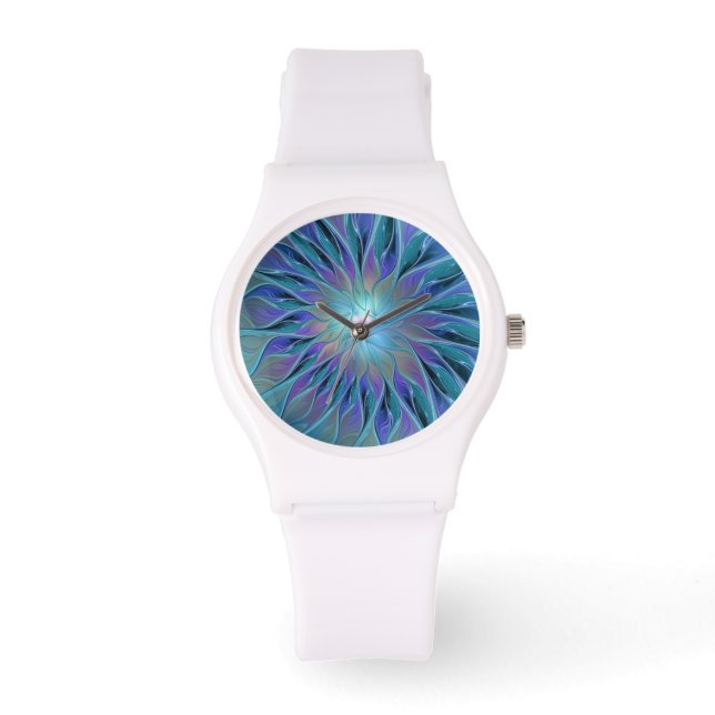 Blue Lila Flower Dream Abstrakt Fractal Art Armbandsur (Framsida)