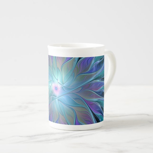 Blue Lila Flower Dream Abstrakt Fractal Art Benporslin Mugg (Framsida höger)