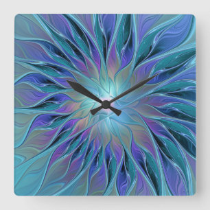 Blue Lila Flower Dream Abstrakt Fractal Art Fyrkantig Klocka