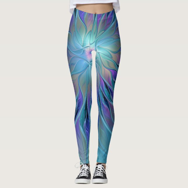 Blue Lila Flower Dream Abstrakt Fractal Art Leggings (Framsida)