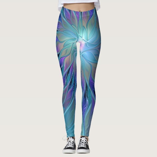 Blue Lila Flower Dream Abstrakt Fractal Art Leggings (Framsida)