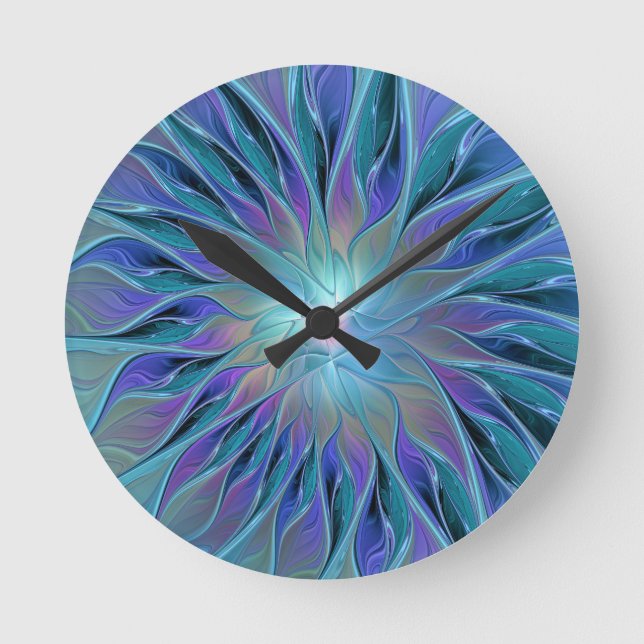 Blue Lila Flower Dream Abstrakt Fractal Art Rund Klocka (Framsida)