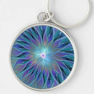 Blue Lila Flower Dream Abstrakt Fractal Art Rund Silverfärgad Nyckelring