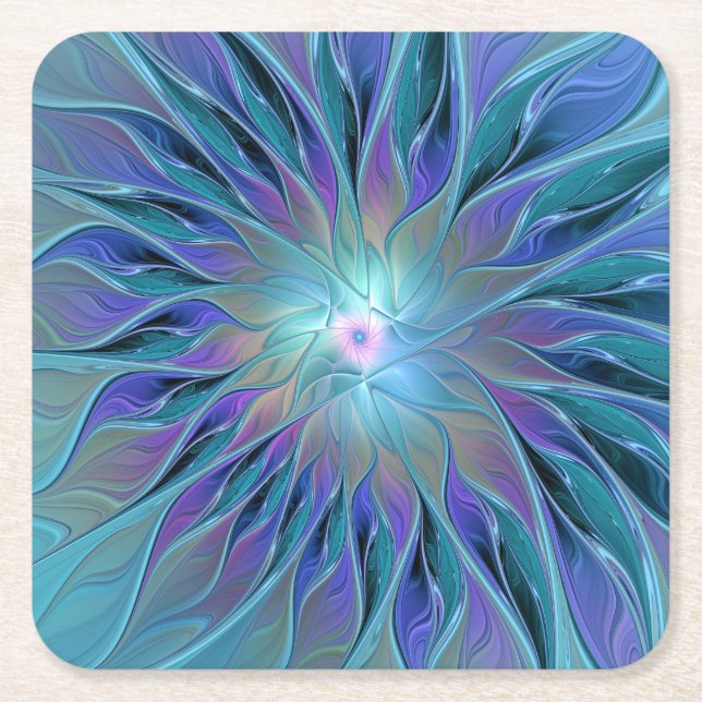 Blue Lila Flower Dream Abstrakt Fractal Art Underlägg Papper Kvadrat (Framsidan)