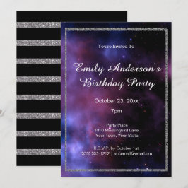 Blue Lila Galaxy Silver Birthday Inbjudningar