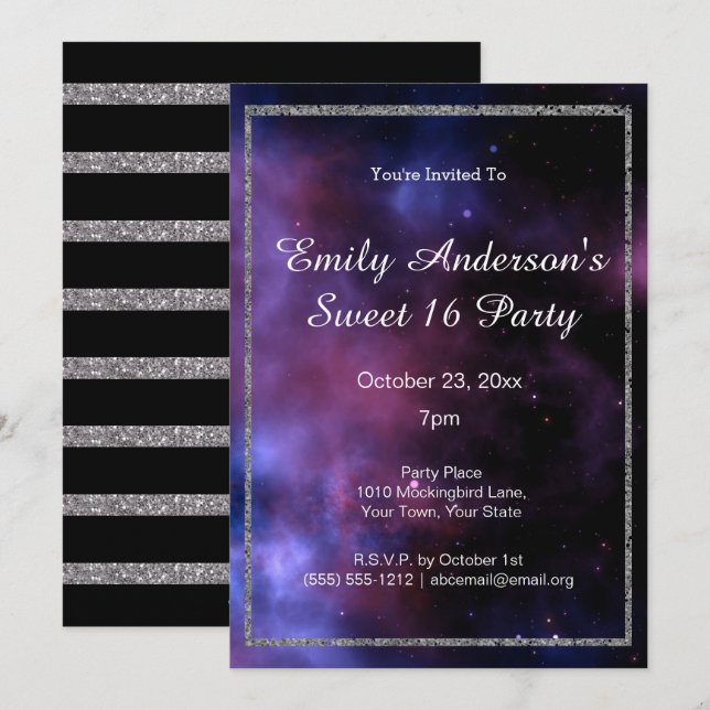Blue Lila Galaxy Silver Sweet 16 Birthday Inbjudningar (Fram/baksida)