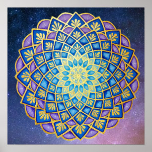 Blue Lila Golden Flower Mandala Galaxy Poster