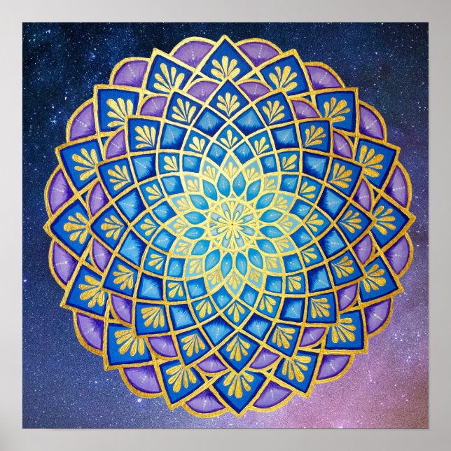 Blue Lila Golden Flower Mandala Galaxy Poster (Framsidan)