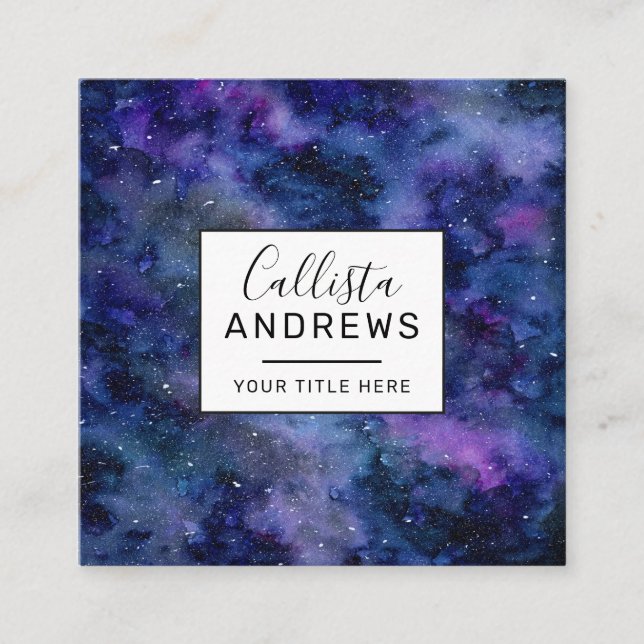 Blue Lila Majestic Starry Nebula Watercolor Fyrkantigt Visitkort (Framsida)