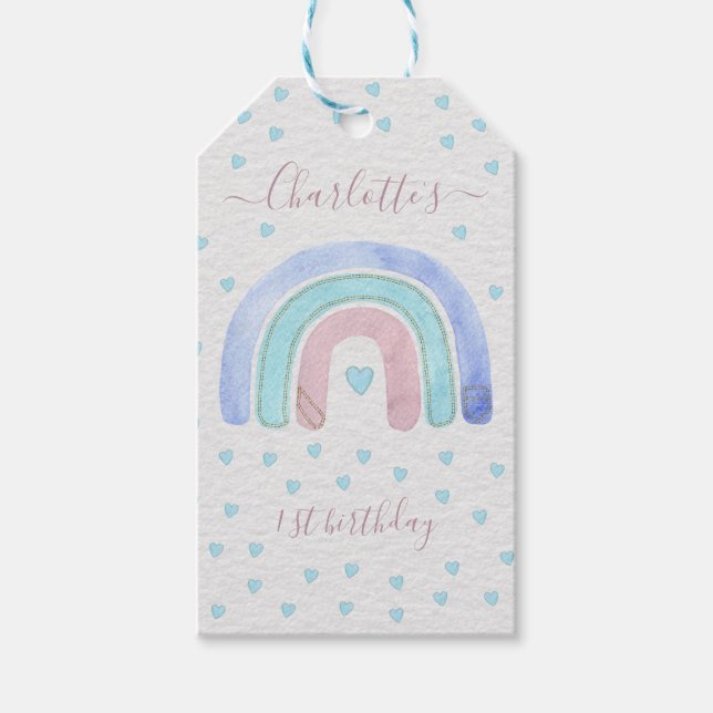 Blue Lila Pastel Rainbow First Birthday Gift Märkr Presentetikett (Framsidan)