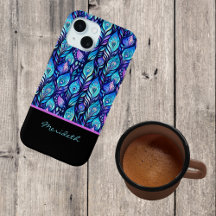 Blue Lila Peacock Feathers on Black Monogram