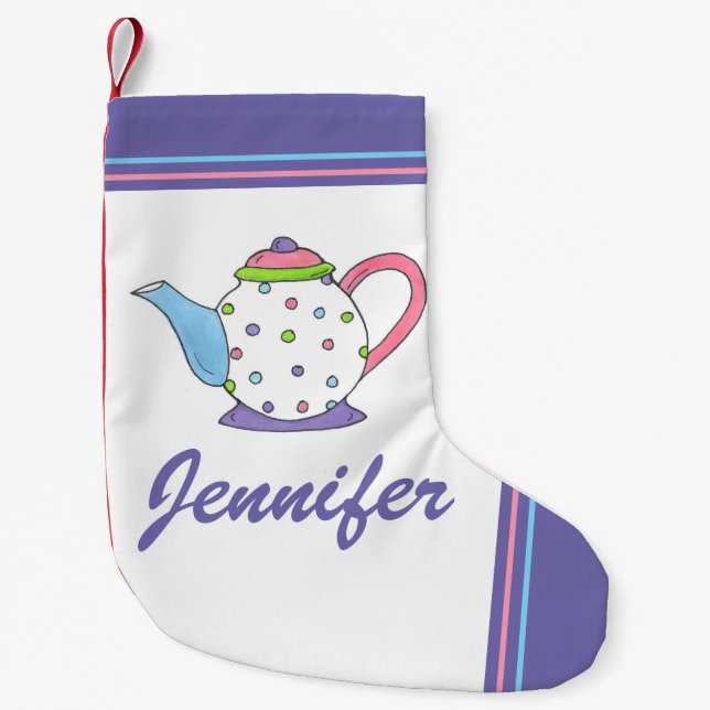 Blue Lila Polka Dot Tekanna Tea Party Liten Julstrumpa (Framsidan)