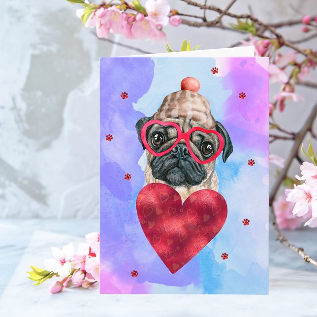 Blue Lila Pug Valentine Day Gift Hund Kort (Skapare uppladdad)