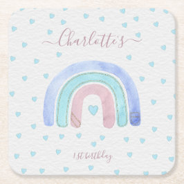 Blue Lila Rainbow First Birthday Underlägg Papper Kvadrat