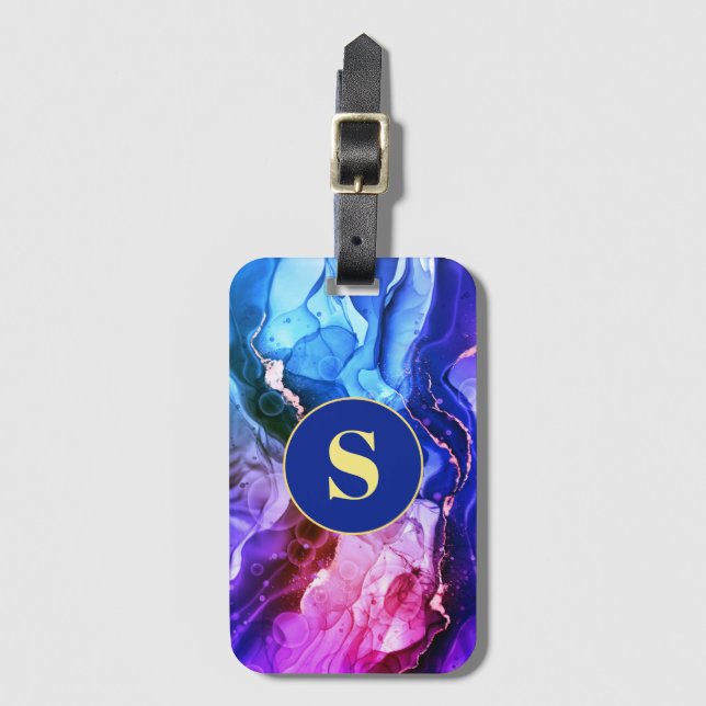 Blue, Lila & Red Violet Liquid Bläck, Monogram Bagagebricka (Framsida vertikal)