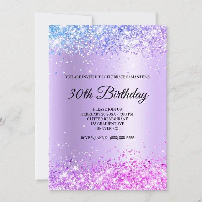 Blue Lila Rosa Ombre Sparkly Glitter Satin Foil Inbjudningar (Framsida)