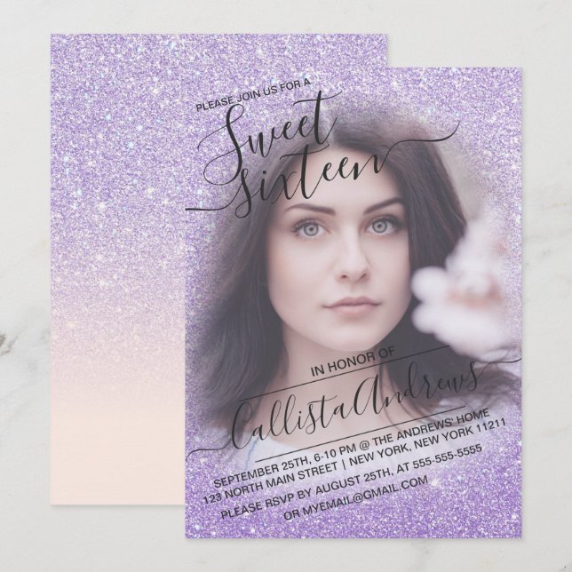 Blue Lila Sparkly Glitter Ombre Photo Sweet 16 Inbjudningar (Fram/baksida)