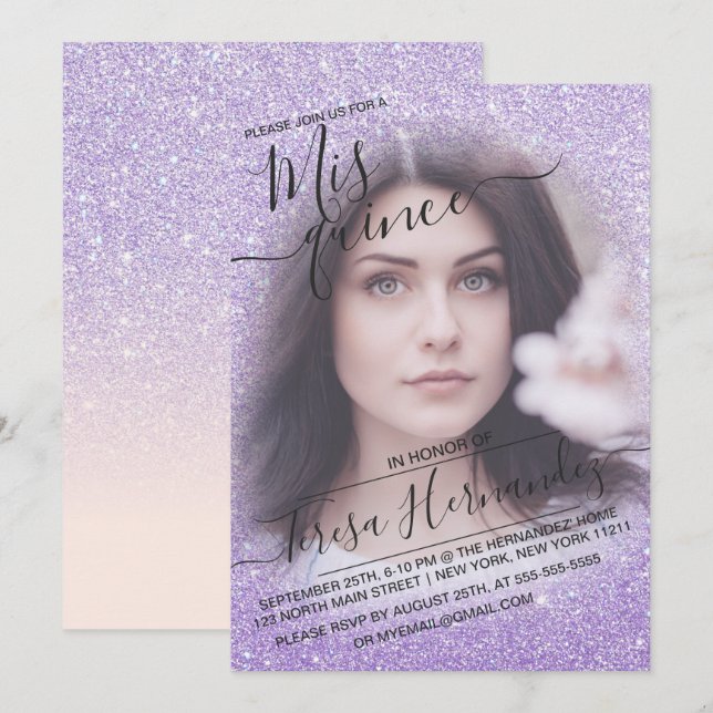 Blue Lila Sparkly Glitter Photo Quinceañera Inbjudningar (Fram/baksida)