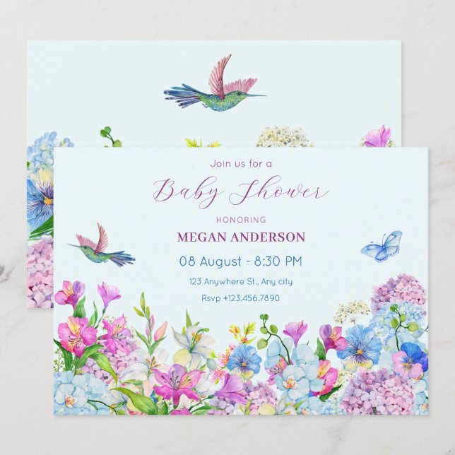 Blue Lila Watercolor Flower bloom babydusch Inbjudningar (Fram/baksida)