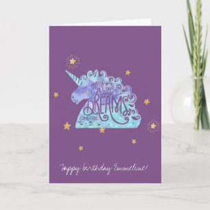 Blue Lila Watercolor Unicorn Kort