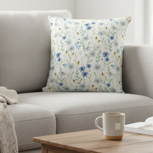 Blue Lila Watercolor Wildblomma Kudde