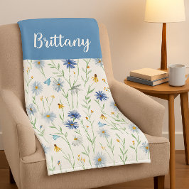 Blue Lila Watercolor Wildblomma Namn Fleecefilt