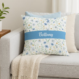 Blue Lila Watercolor Wildblommonogram Namn Kudde
