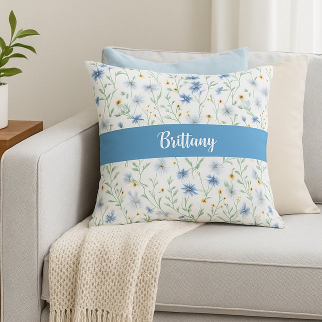 Blue Lila Watercolor Wildblommonogram Namn Kudde (Skapare uppladdad)