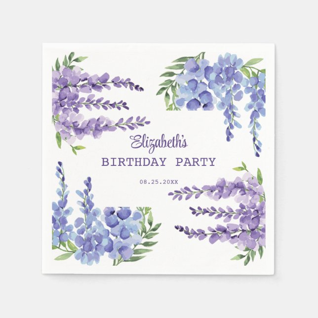 Blue Lila Wisteria Blommigt Greenery Birthday Pappersservett (Framsidan)