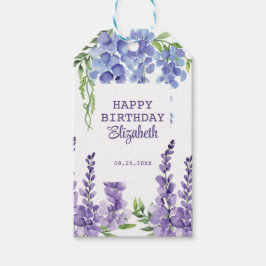 Blue Lila Wisteria Blommigt Greenery Birthday Presentetikett