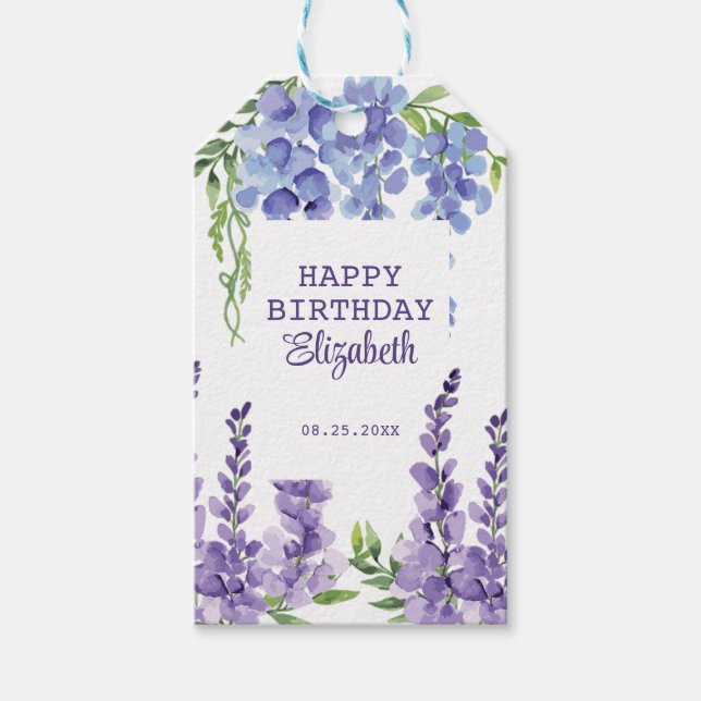 Blue Lila Wisteria Blommigt Greenery Birthday Presentetikett (Framsidan)